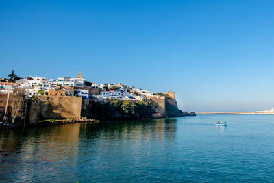 Scenic view of sea against clear blue sky