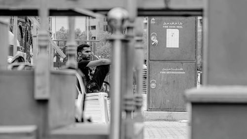 People standing outside building