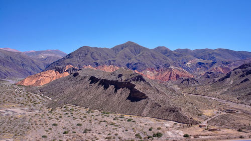 Scenic view of mountains against clear blue sky