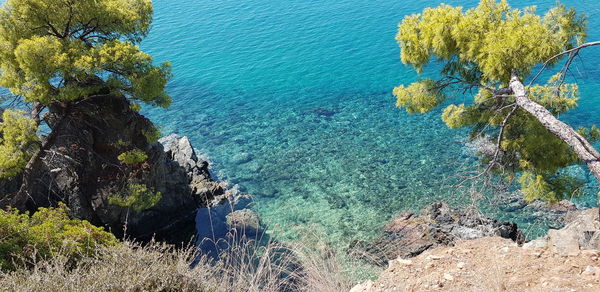 High angle view of rocks by sea