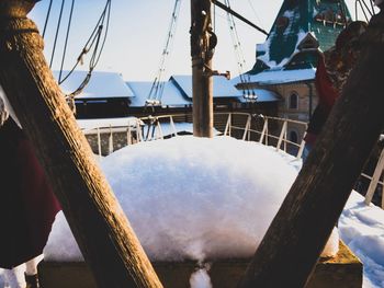 View through the helm of an old abandoned ship during winter