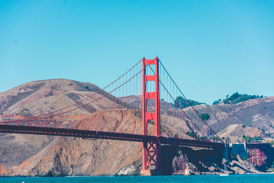 View of suspension bridge against clear blue sky