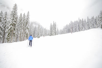 Rear view of man snowshoeing on field against trees