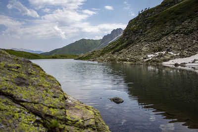 Scenic view of lake and mountains against sky