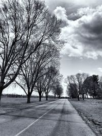 Empty road along bare trees against sky