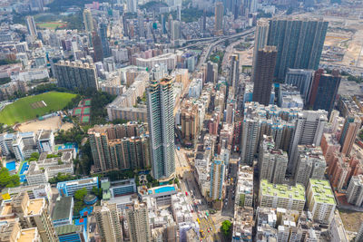 High angle view of modern buildings in city