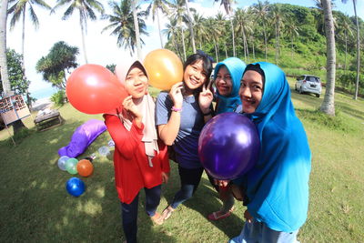 High angle view of people on balloons