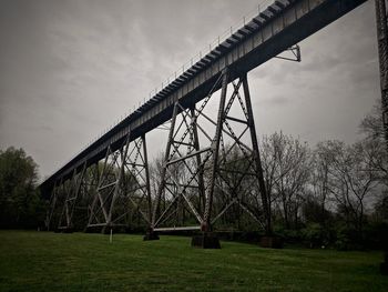Low angle view of bridge on field against sky
