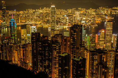 Aerial view of illuminated cityscape against sky at night