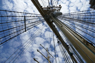 Low angle view of boat mast against sky