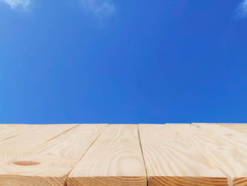 Low angle view of wooden wall against clear blue sky
