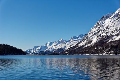 Scenic view of lake and snowcapped mountains against clear blue sky