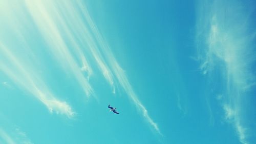 Low angle view of airplane flying in blue sky