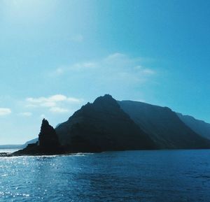 Scenic view of sea and mountains against sky