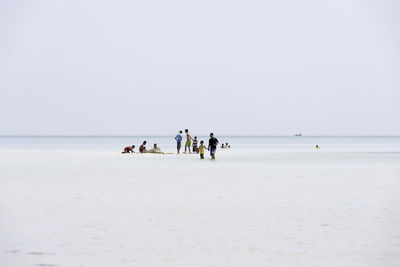 People on beach against clear sky