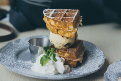 Close-up of dessert served on table