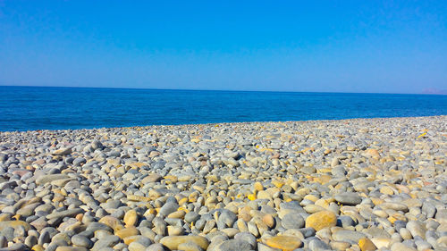 Scenic view of sea against clear blue sky