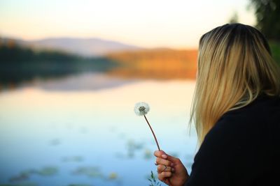 Side view of woman holding dandelion by lake during sunset