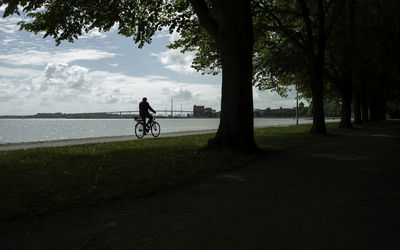 Man riding bicycle on road against sky