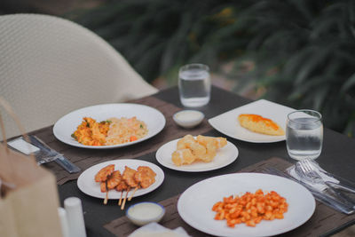High angle view of breakfast served on table