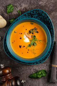 High angle view of soup in bowl on table