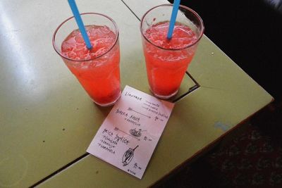 High angle view of drink on table