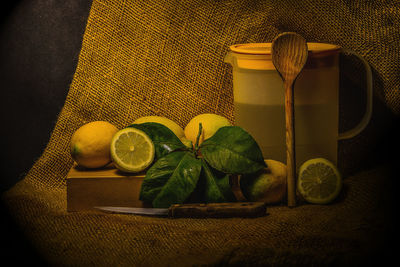 Close-up of lemons on burlap