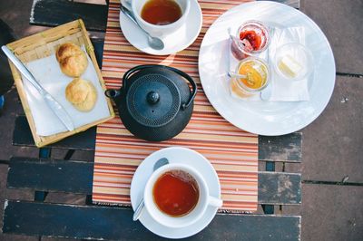High angle view of breakfast on table