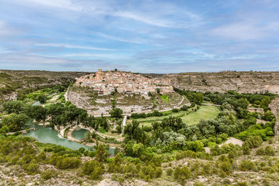 Panoramic view of jorquera small village in a river jucar meander, albacete province, spain