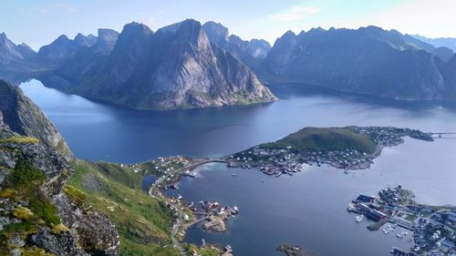 Scenic view of lake and mountains against sky