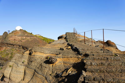 Low angle view of mountain against clear blue sky