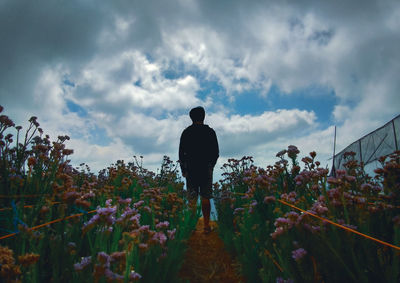 Rear view of man standing on field against sky