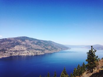 Scenic view of sea and mountain against blue sky