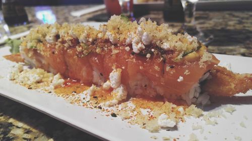 Close-up of sushi served in plate