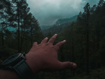 Cropped image of hand on landscape during rainy season