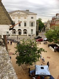 High angle view of people in front of building