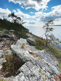 Scenic view of rocks by sea against sky