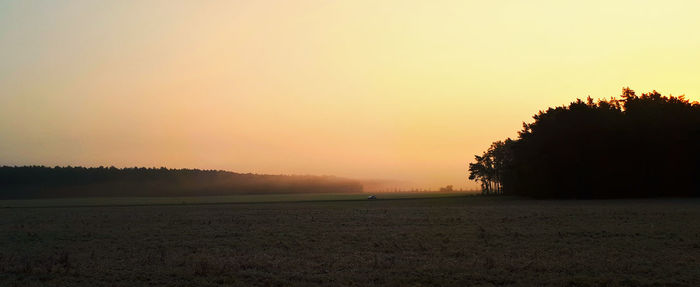 Silhouette trees on field against sky during sunset