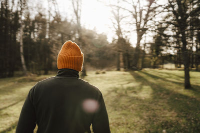 Rear view of man exploring in forest on sunny day