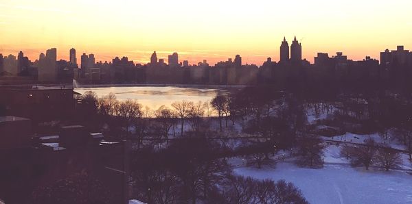 City skyline at sunset