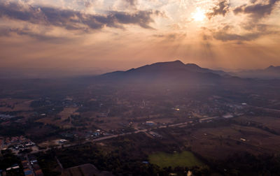 High angle view of townscape against sky during sunset