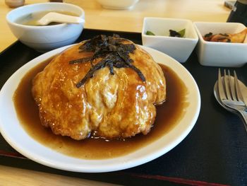 High angle view of food in plate on table