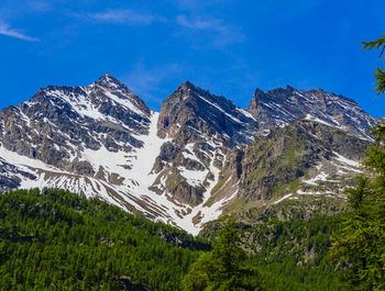 Scenic view of snowcapped mountains against blue sky