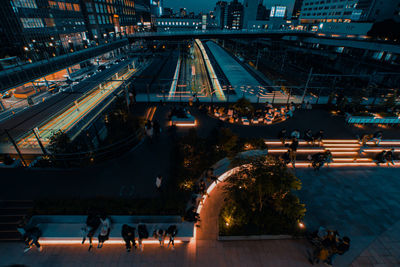 High angle view of illuminated buildings in city