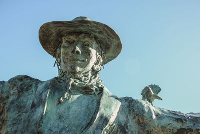 Low angle view of statue against clear blue sky