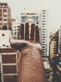 Cropped image of person hand with city