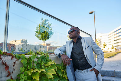African american businessman at sunset in a park