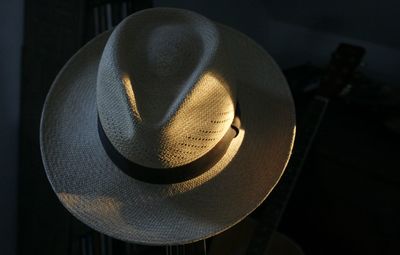 High angle view of hat hanging in car