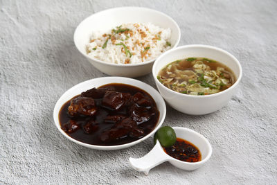 High angle view of food in bowl on table