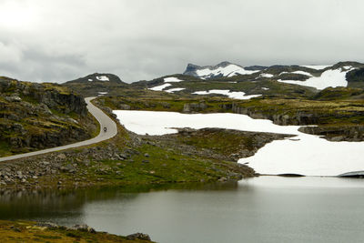 Scenic view of lake by snowcapped mountains against sky